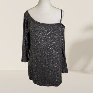 ✨ INC International Concepts Silver Sequin One-Shoulder Top – L